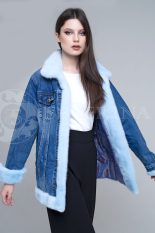 denim dlinnaja3 155x233 - Джинсовая куртка с отделкой мехом норки голубого цвета К-002