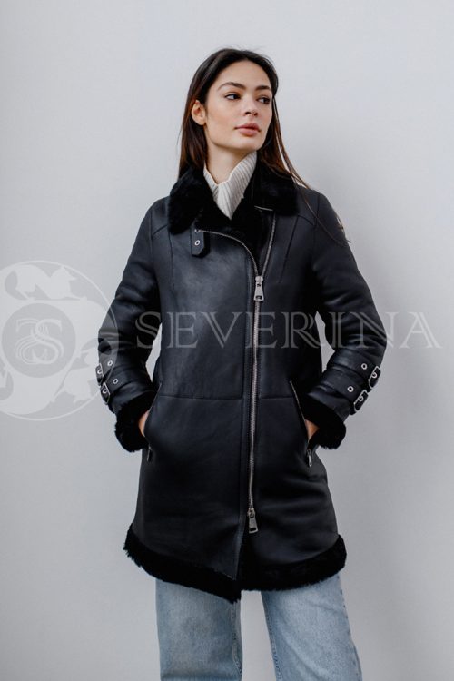 dublenka chernaja dlinnaja 2 500x750 - куртка-дубленка из натуральной кожи "авиатор" с отделкой мехом овчины