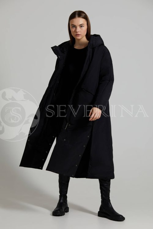 palto chernoe razrezy na knopkah 4 500x750 - пальто утепленное с капюшоном и имитацией жилета