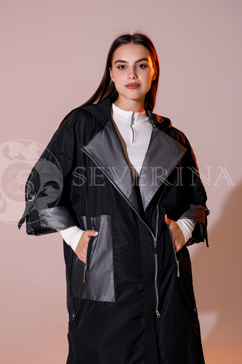 palto oversajz kombinirovannoe 2 - Пальто-плащ комбинированный черного цвета оверсайз МС-126