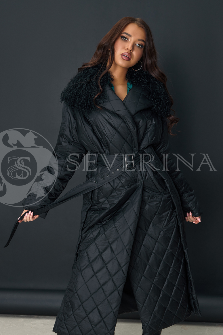 palto steganoe chernoe vorotnik lama 1 - Пальто стёганое черного цвета с отделкой мехом ламы ТН-019R (2357К)