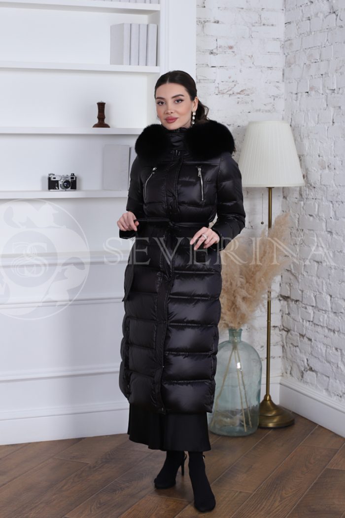 puhovik chernyj 1 700x1050 - Пальто утепленное-пуховик с отделкой мехом песца черного цвета 1-0181